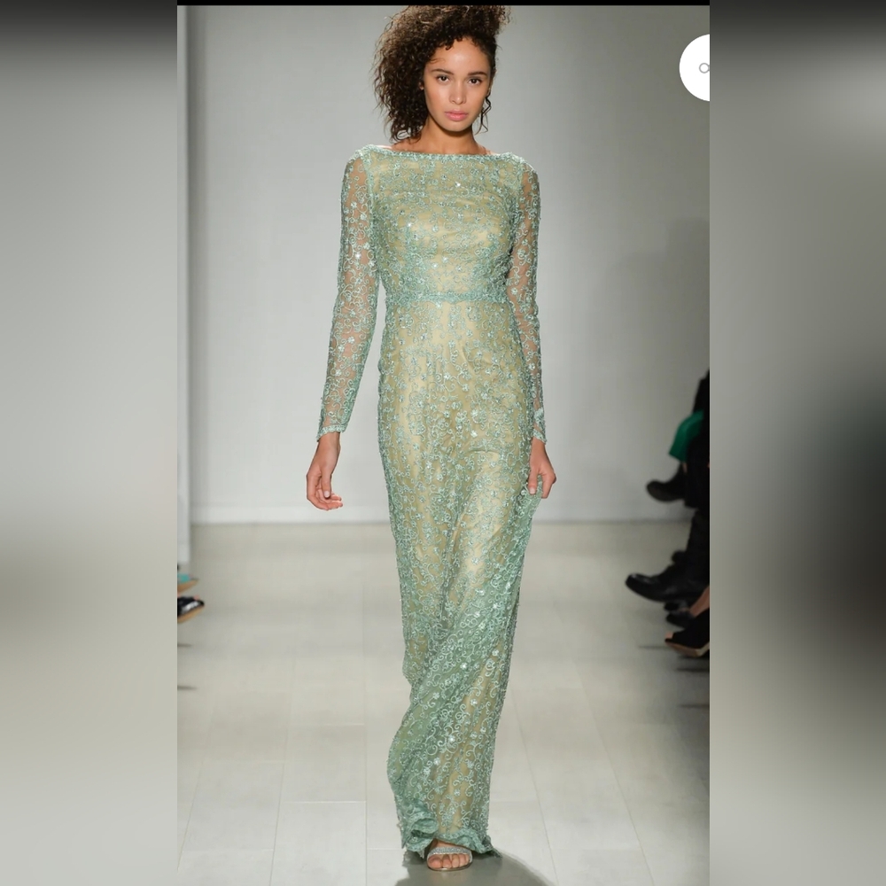 Embellished Long-Sleeve Mint Green Evening Gown